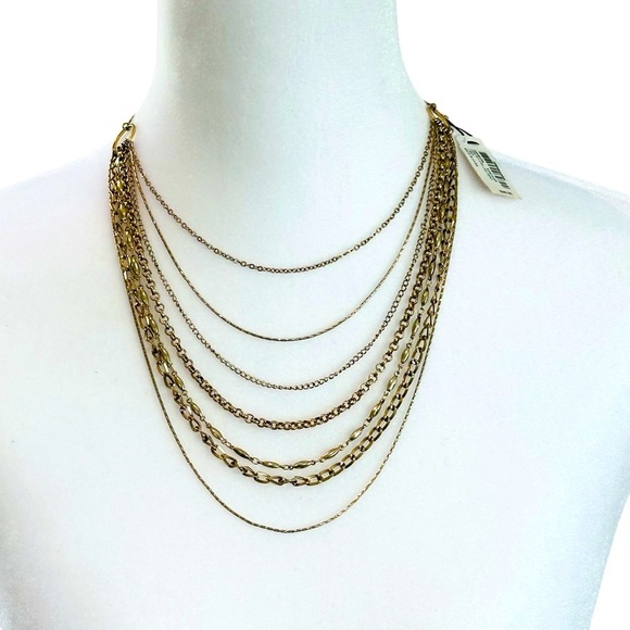 None Jewelry - NWT Vintage Gold Tone Graduated 7 Strand Chain Waterfall Necklace Adjustable 16”